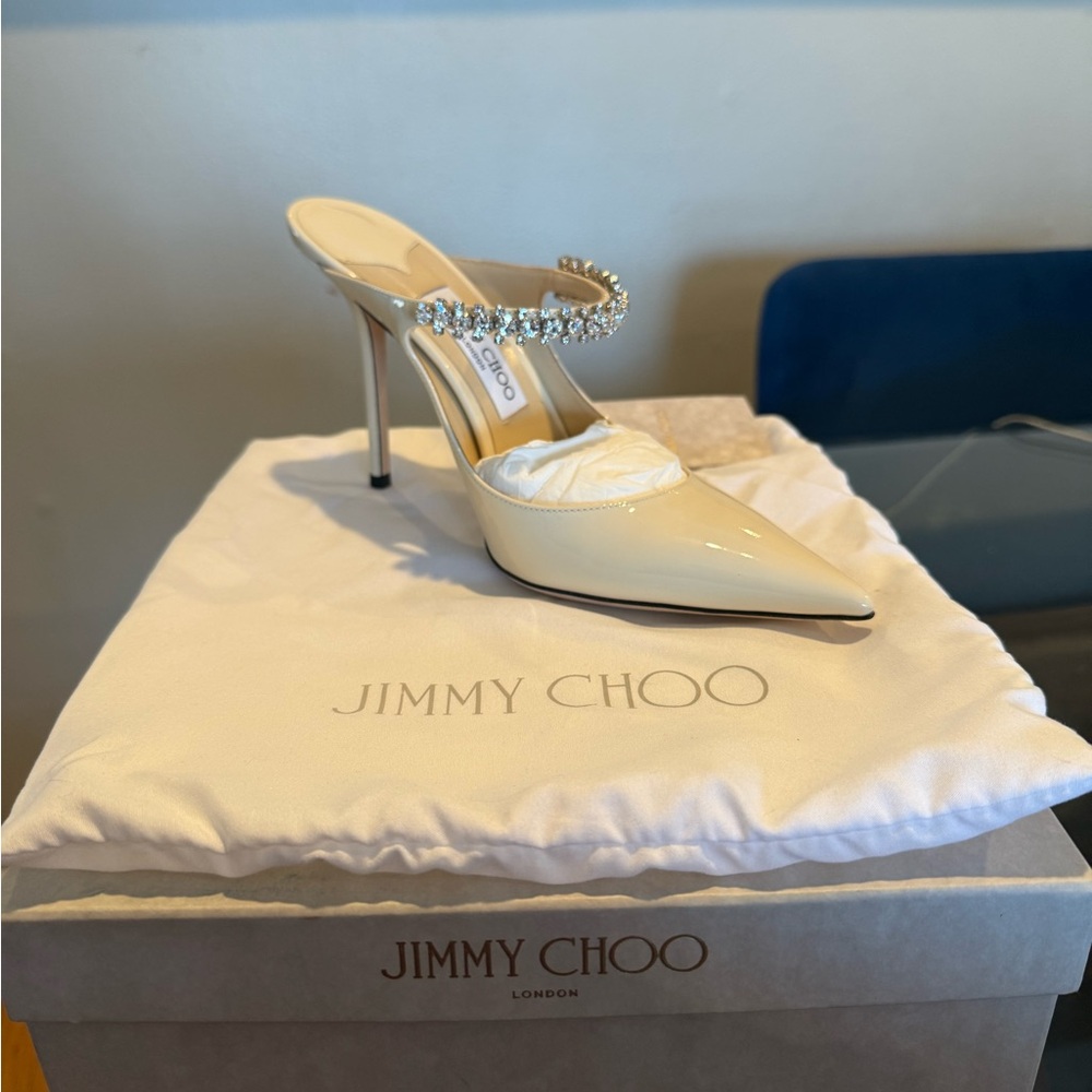 Jimmy Choo Bing 100 Ivory Patent Leather Crystal Strap Embellished High Heels